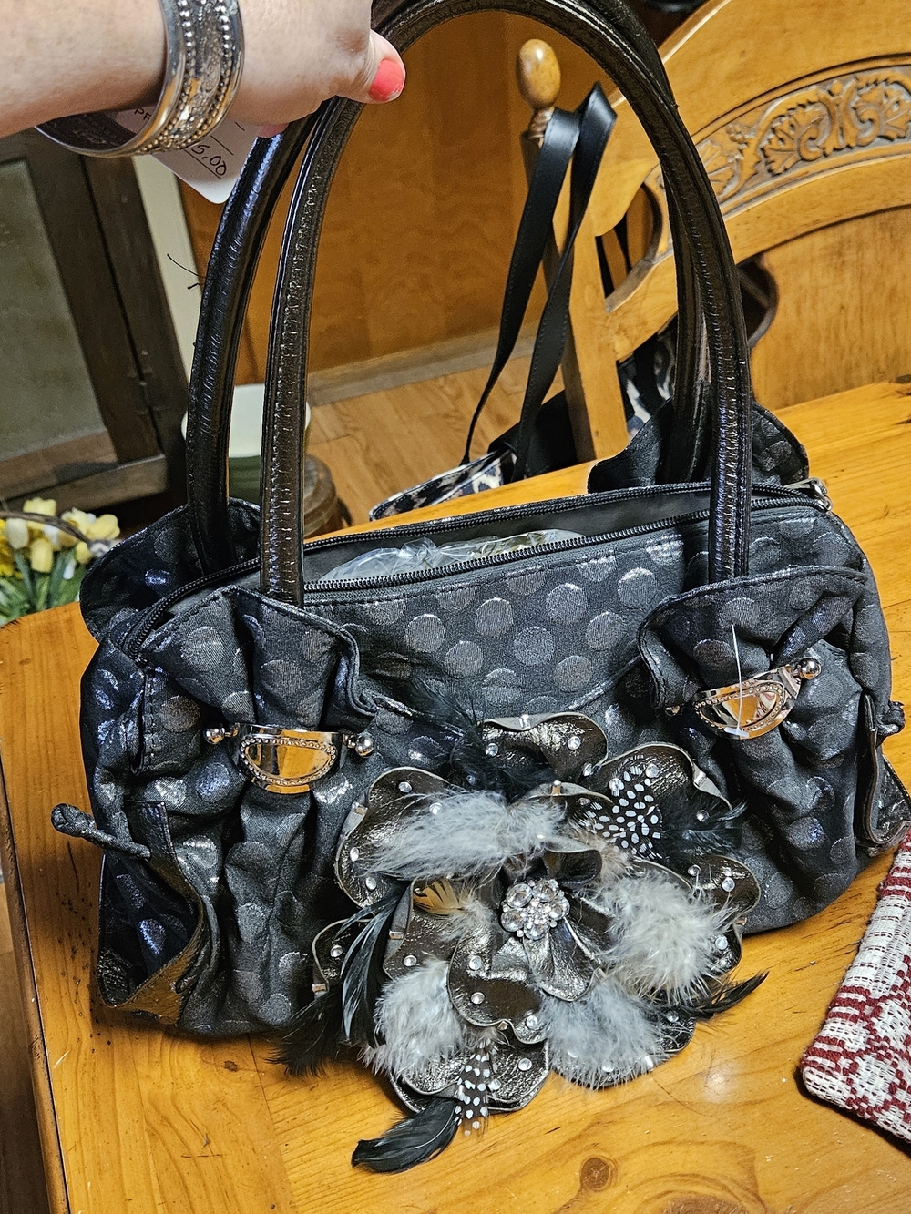 Decorative Black Shoulder Bag with Floral Feather Accent